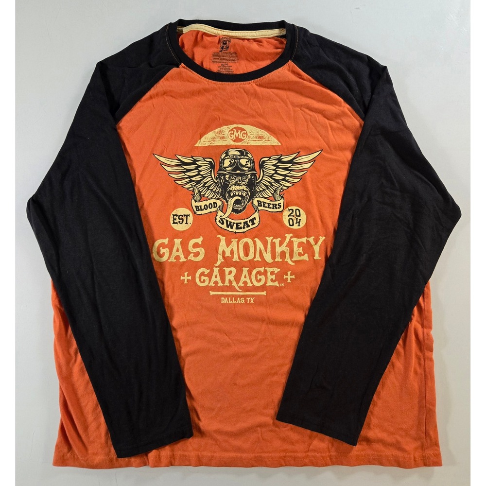Gas Monkey Garage Mens XL Raglan Long Sleeve Shirt Orange Black Graphic Tee